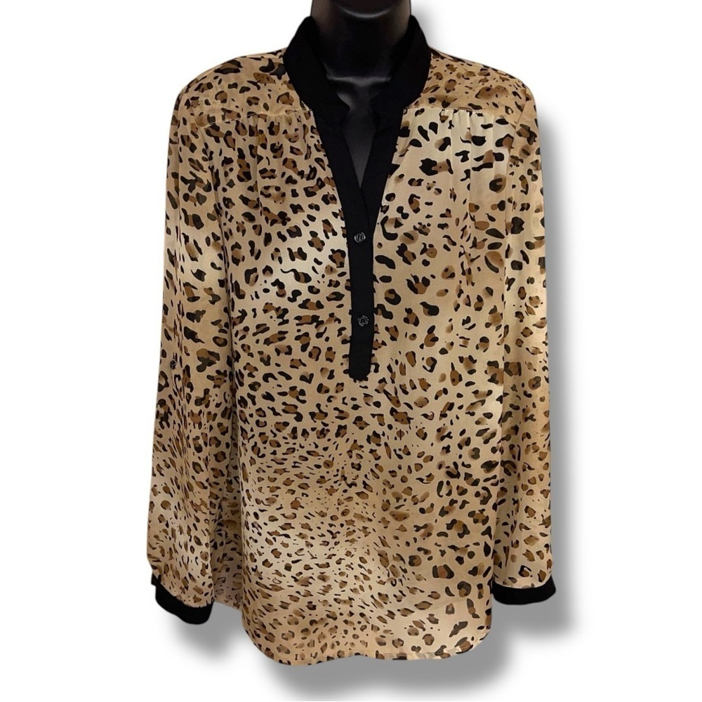 Small Dressbarn Leopard Print Semi Sheer Blouse Long Sleeve Animal Print